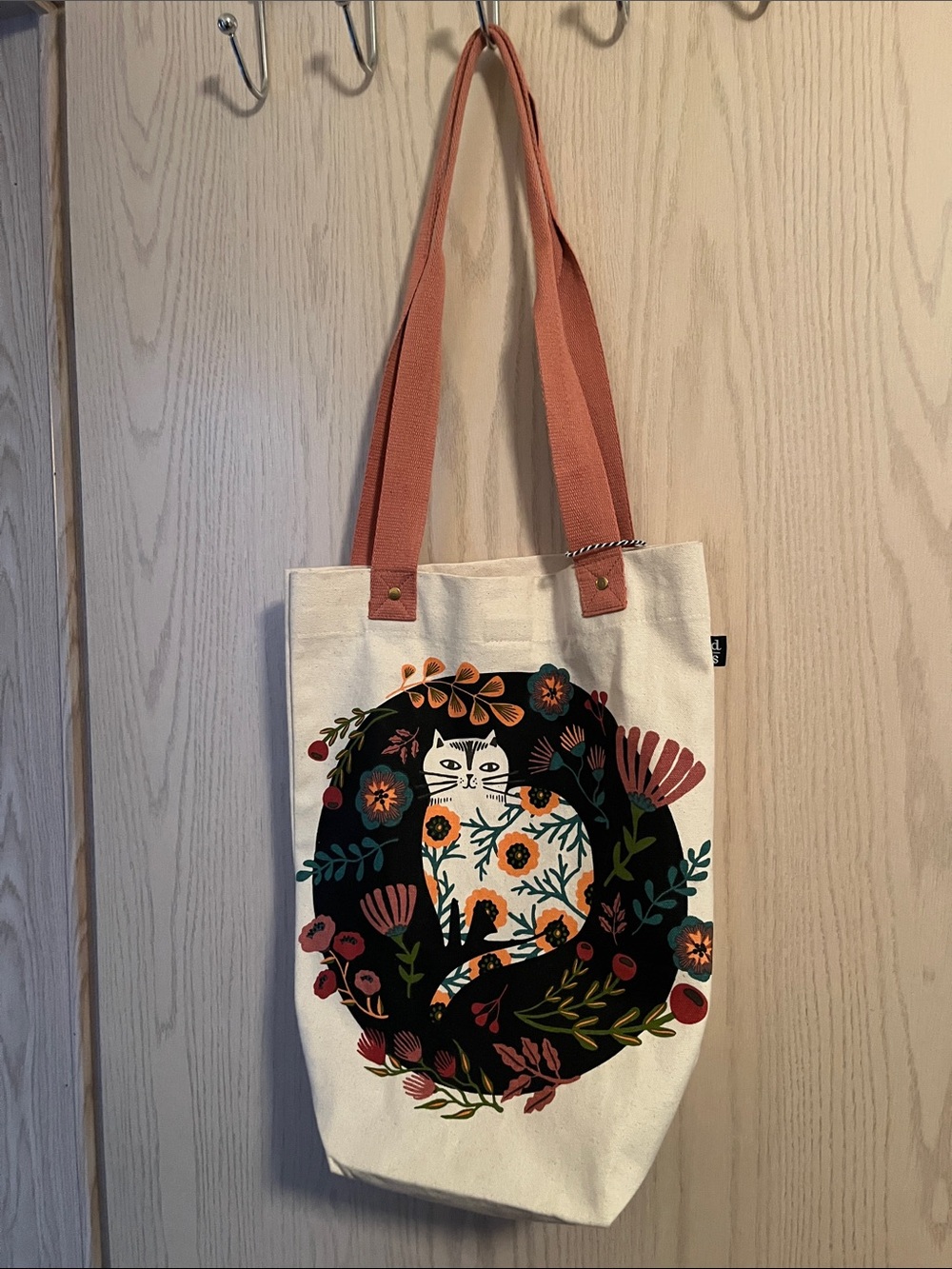 Cream Canvas Tote with Coral Handles and Floral Cat Motif